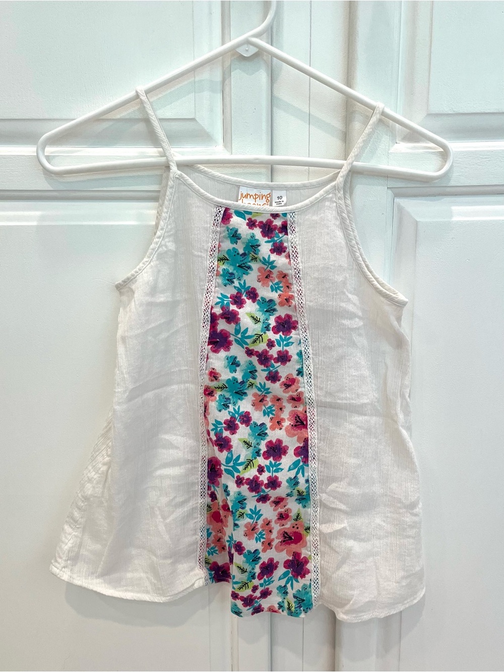 Jumping Beans Girls 10 White Gauze Cami Tank Top Floral Panel Lace Trim Cotton